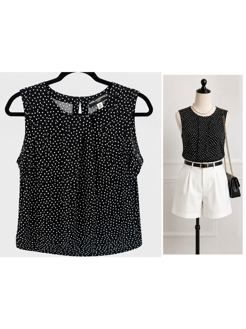 Polka Dot Sleeveless Blouse Pleated Front Office Career Top Chic Preppy Womens M